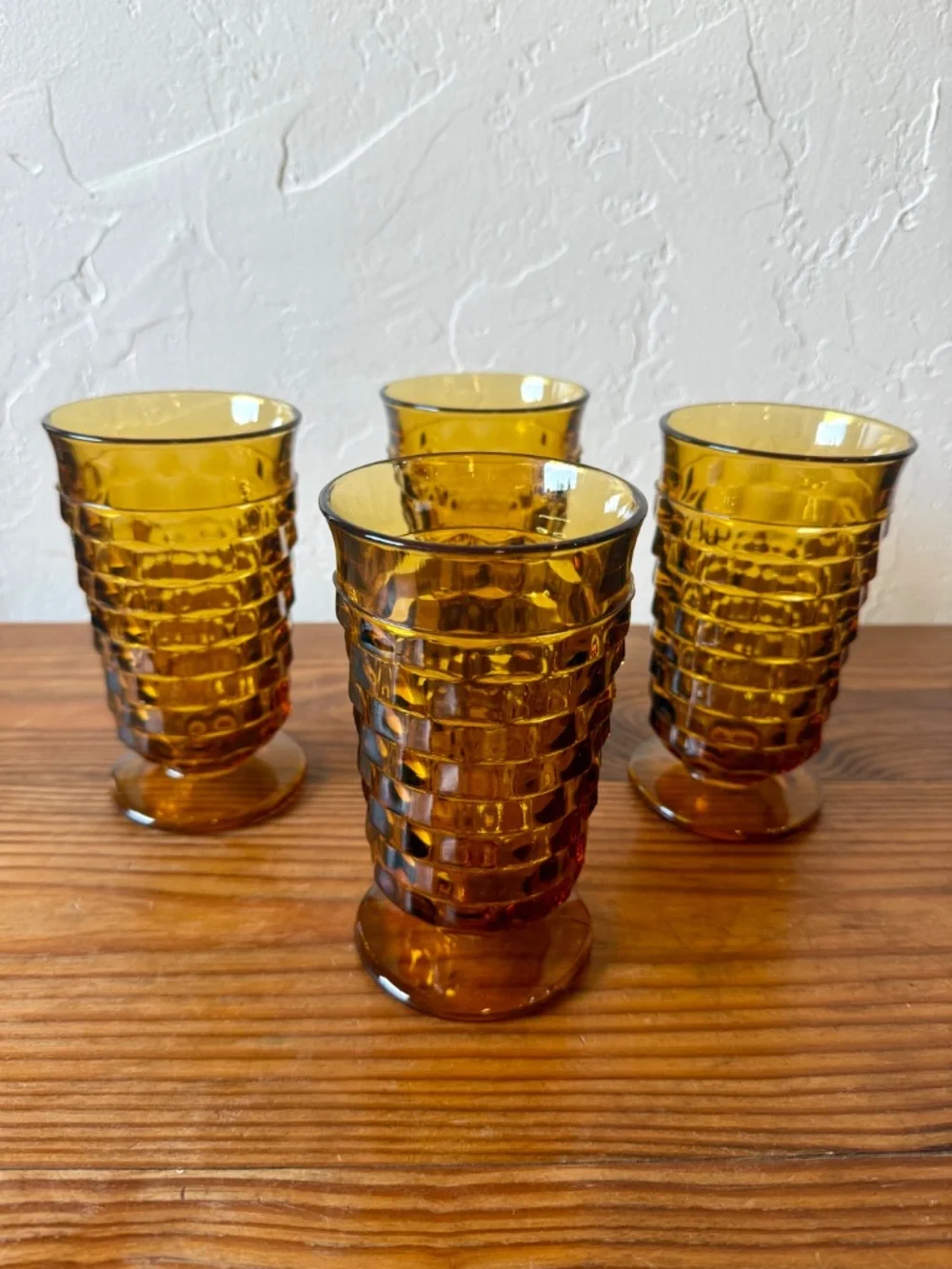 Vintage Indiana Glass Whitehall Cubist Amber Footed Tumblers – Set of 4